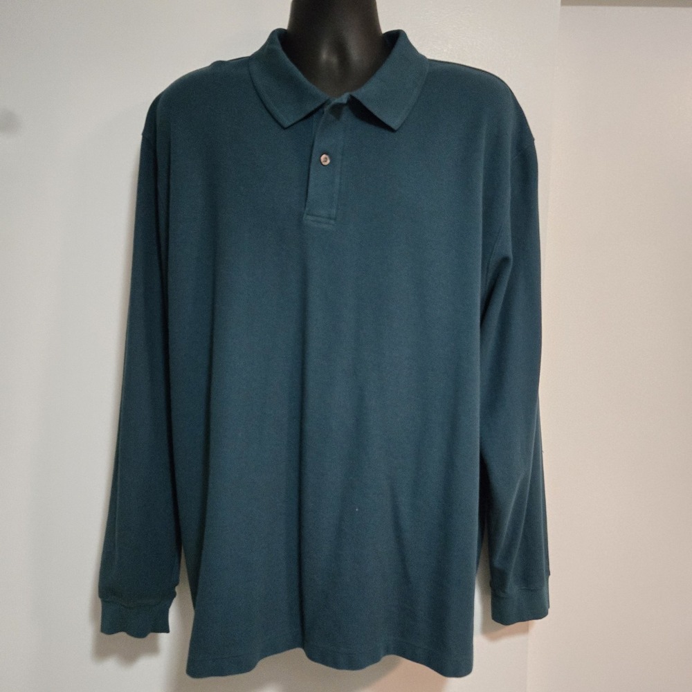 LL Bean‎ Size XXL Reg Teal Green Soft 100% Cotton Long Sleeve Polo Shirt 236477